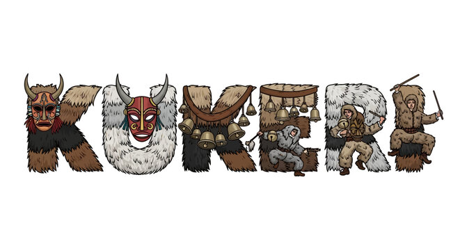 Illustration of Kukeri performers with traditional costumes and scary masks