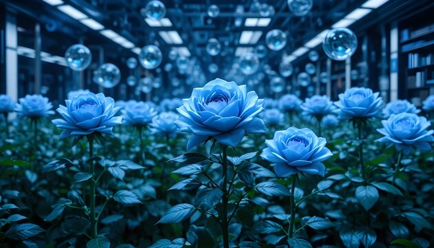 &ldquo;Holographic blue roses growing inside a high-tech botanical lab with floating water spheres.&rdquo;
