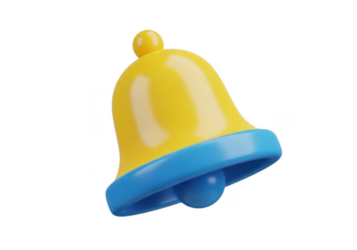 A 3d render of a yellow notification bell with a blue rim, isolated on transparent background