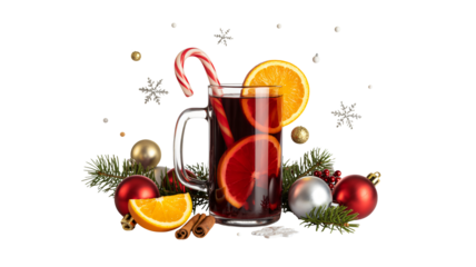 Cozy winter warm drink mulled wine with orange, cinnamon, and festive Christmas decorations, perfect for holiday cheer and seasonal celebrations