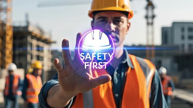 Construction worker promoting safety first for the concept of occupational safety.