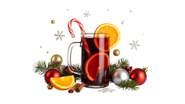 Cozy winter warm drink mulled wine with orange, cinnamon, and festive Christmas decorations, perfect for holiday cheer and seasonal celebrations