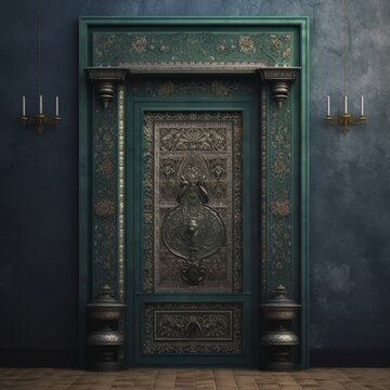 Door Design Indian and Arabic Style Green Door Simple Background Color Created with Generative AI Technology