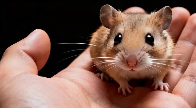  Jerbo  con bigotes largos y detallados posado en la palma de una mano humana abierta