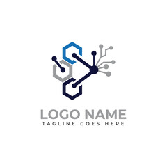 Modern technology logo design featuring interconnected hexagons and circuit elements, perfect for tech startups and innovative brands