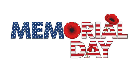 Vector Memorial day text adorned with poppy flowers and american flag