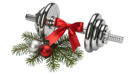 Brighten your holidays with a shiny dumbbell gift, festive red bow and ornaments atop pine branches creating seasonal fitness joy.