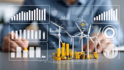 Eco-Friendly Investment: A person navigates a sophisticated digital interface, overseeing a model wind farm and analyzing financial metrics. - Powered by Adobe