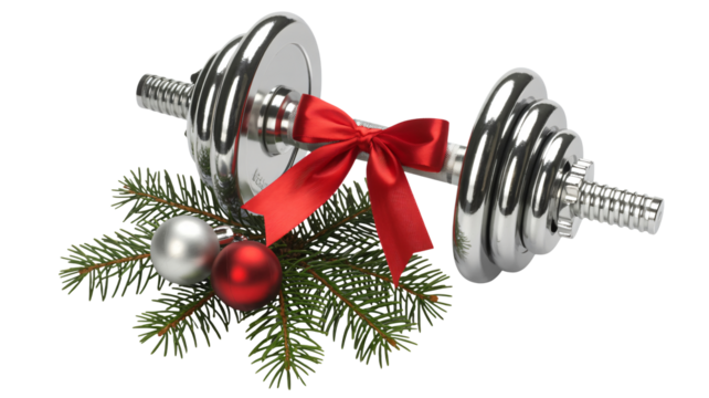 Brighten your holidays with a shiny dumbbell gift, festive red bow and ornaments atop pine branches creating seasonal fitness joy.