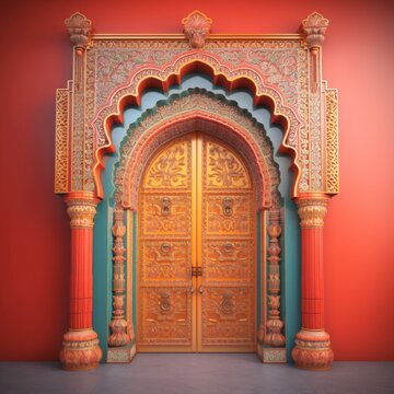 Door Design Indian and Arabic Style Red Blue Golden Color LED Wall VJ Created with Generative AI Technology	
