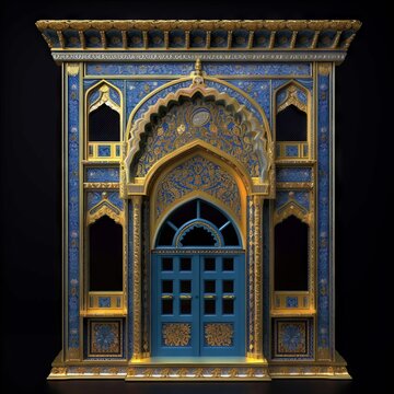 Door Design Indian and Arabic Style Blue Golden Color Black Background Minimalist LED Wall VJ Created with Generative AI Technology	