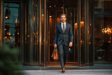 Decisive chairman exits five-star lobby with leather briefcase, golden evening reflections and confident power walk