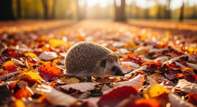 Adorable hedgehog nestled amongst vibrant autumn leaves in a sunlit forest