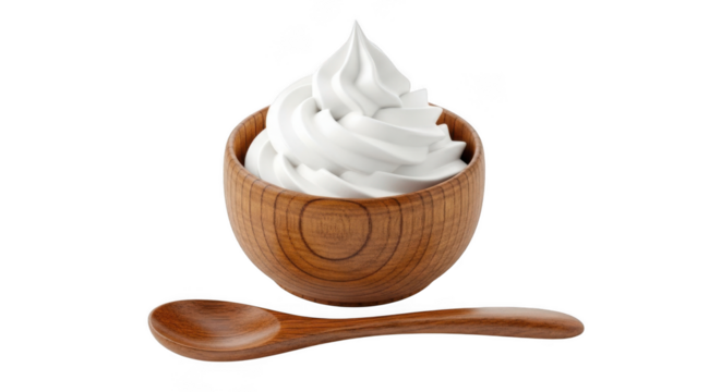 Soft serve ice cream in a wooden bowl with a wooden spoon isolated on transparent background