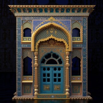 Door Design Indian and Arabic Style Blue Golden Color Black Background Minimalist LED Wall VJ Created with Generative AI Technology	