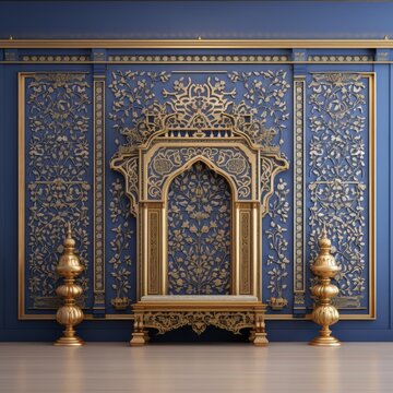Door Design Indian and Arabic Style Blue Golden Color LED Wall VJ Created with Generative AI Technology	