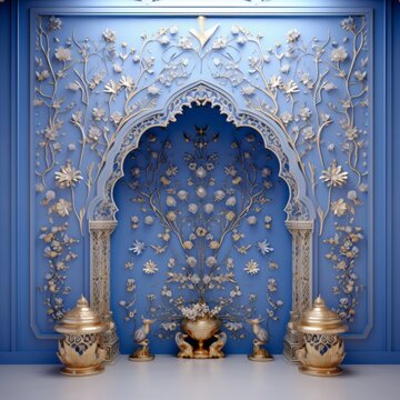 Door Design Indian and Arabic Style Blue Golden Color LED Wall VJ Created with Generative AI Technology	