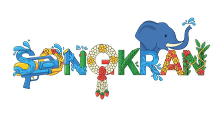 Fototapeta premium Illustrated cartoon Songkran festival with water gun elephant and floral garland