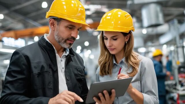 Engineers at Work: Two engineers are intently analyzing data on a tablet. The setting is a factory, implying industrial collaboration and a focus on technology.