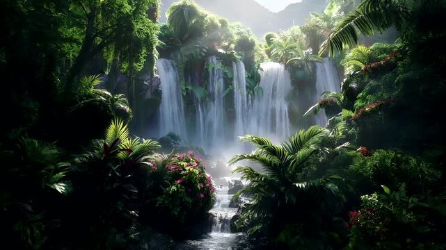 A vivid portrayal of a lush, tropical rainforest with a cascading waterfall. The scene is bathed in sunlight filtering through the dense foliage, casting dappled shadows on the ground.