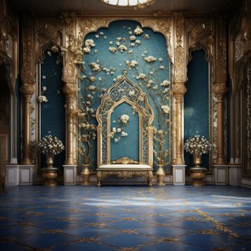 Door Design Indian and Arabic Style Blue Golden Color LED Wall VJ Created with Generative AI Technology	