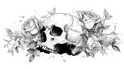Detailed black and white illustration depicts a human cranium surrounded by blooming roses and foliage.