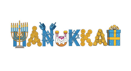 Illustration hanukkah celebration text menorah dreidels gelt donut gifts