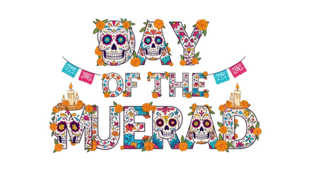 Obraz premium Decorative day of the dead lettering with sugar skulls candles flowers