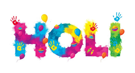 Fototapeta premium Vector Illustration Holi festival colorful typography with handprints balloons and splashes