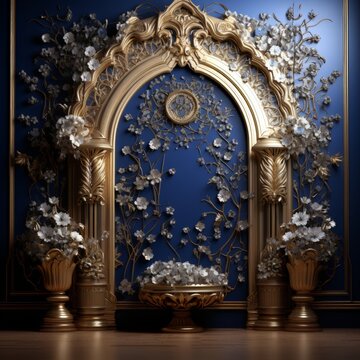 Door Design Indian and Arabic Style Blue Golden Color LED Wall VJ Created with Generative AI Technology	
