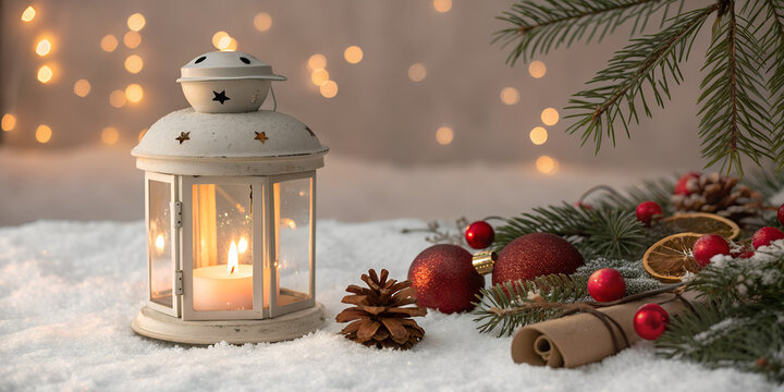 Christmas lantern with burning candle and festive decorations on snow. Cozy winter background with pine branches, red ornaments, and bokeh lights.