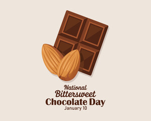 National Bittersweet Chocolate Day vector. Dark chocolate bar and almonds icon vector. January 10.