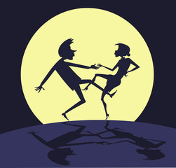Dancing under the full moon. Silhouettes of dancing woman and man against the background of the moon
