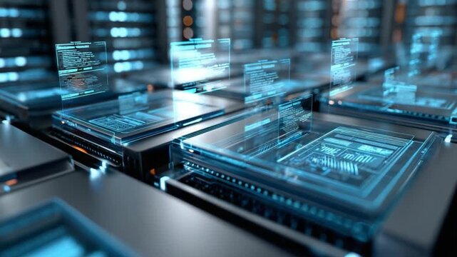 Advanced Computing Systems: An intricate view of modern technology, with servers displaying dynamic data streams, representing the cutting edge of digital infrastructure.