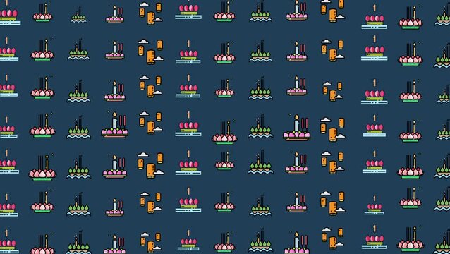 Seamless pattern of floating lanterns, candles, and flower krathongs inspired by the Loy Krathong festival, perfect for celebration and Thai culture themes.