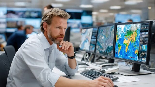 Focused Analysis: A seasoned professional intently studies data on multiple monitors, utilizing advanced technology within a dynamic, modern office setting.