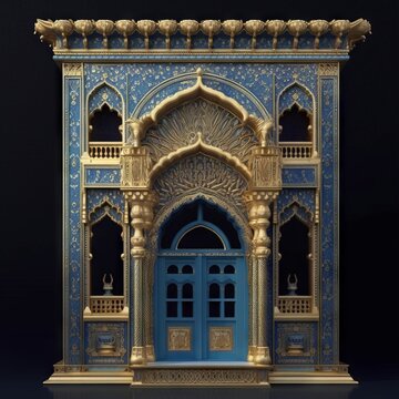 Door Design Indian and Arabic Style Blue Golden Color Black Background Minimalist LED Wall VJ Created with Generative AI Technology	