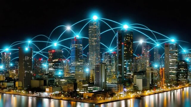 Connected Metropolis: A vibrant cityscape at night, illuminated by a network of glowing nodes, symbolizing seamless communication and technological advancement. - Powered by Adobe