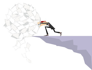 Man pushes a big ball of papers down the mountain.  Paperwork. Concept