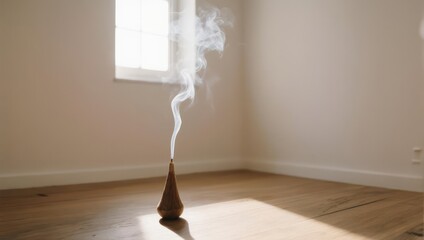 Incense stick burning in a bright room with smoke rising.