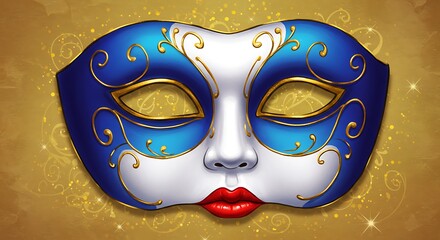 Elegant blue and white masquerade mask with golden accents on a golden background.