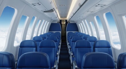 Empty airplane cabin with blue seats and sky view