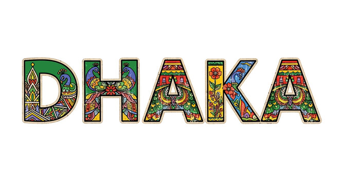 Decorative Dhaka Text Vector with Colorful Traditional Bangladeshi Art elements