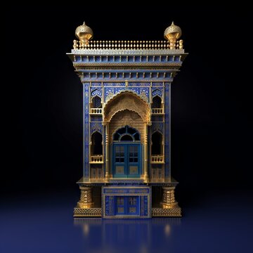 Door Design Indian and Arabic Style Blue Golden Color Black Background Minimalist LED Wall VJ Created with Generative AI Technology	