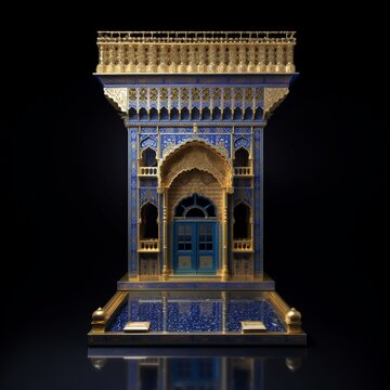 Door Design Indian and Arabic Style Blue Golden Color Black Background Minimalist LED Wall VJ Created with Generative AI Technology	