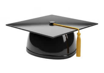 A black graduation cap with a gold tassel isolated on transparent background