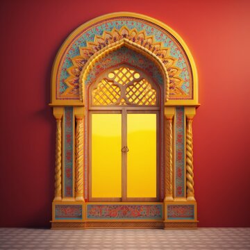 Door Design Indian and Arabic Style Red Yellow Golden White Color LED Wall VJ Created with Generative AI Technology	
