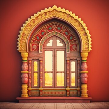 Door Design Indian and Arabic Style Red Yellow Golden White Color LED Wall VJ Created with Generative AI Technology	