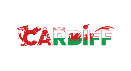 Vector Cardiff lettering typography design with welsh dragon and flag colors