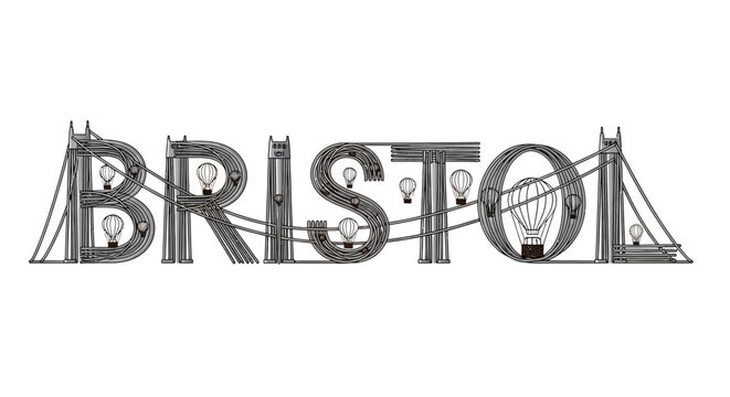 3D illustration metallic bristol typography art with hot air balloons inside letters